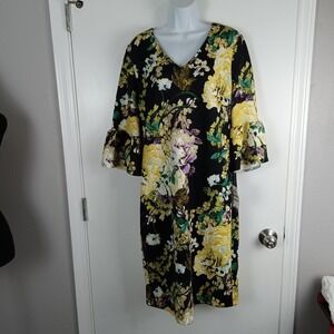 Thalia Sodi Dress‎ Womens 14 Black Yellow Combo Havana Floral Bell Sleeve V Neck